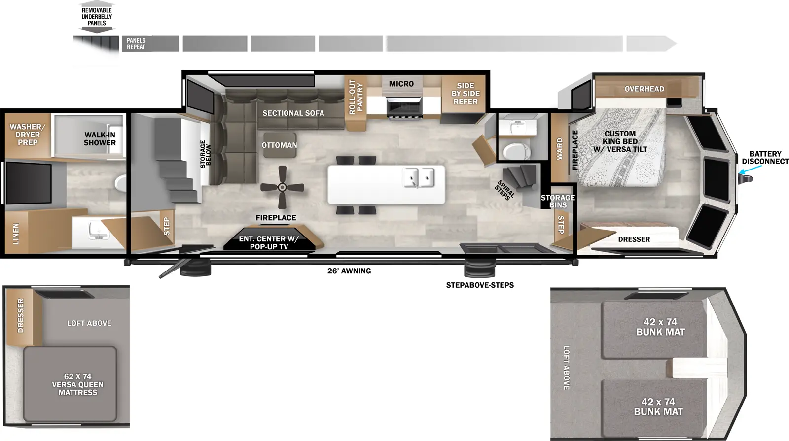 The Wildwood Lodge 44VIEW Floorplan has two entries and two slide outs. Exterior features include: fiberglass exterior and 26 awning. Interiors features include: loft, kitchen island, front bedroom and rear bathroom.